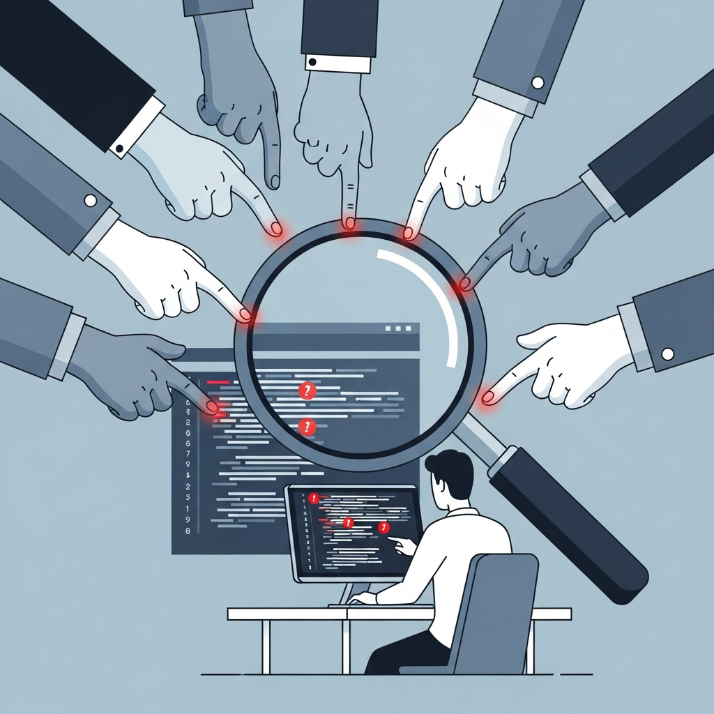 Ein Entwickler am Schreibtisch wird von überwachenden Händen und einer riesigen Lupe eingeengt, während sein Code Fehler anzeigt