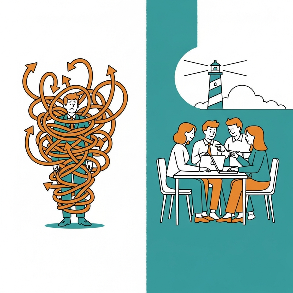 Links ein Entwickler in chaotischen Kontrollpfeilen gefangen, rechts ein kollaboratives Team mit einem Leuchtturm im Hintergrund