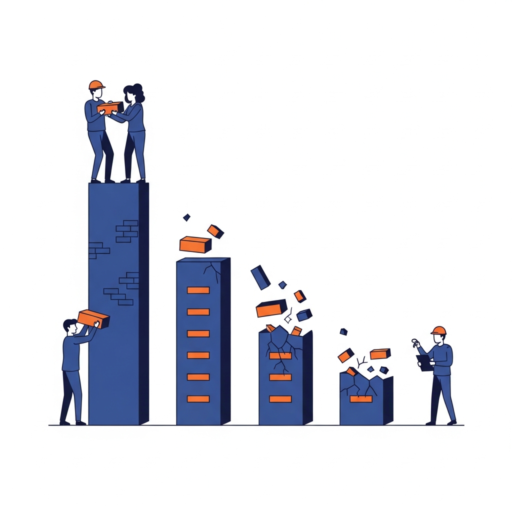 Pareto-Balkendiagramm als Gebäude: der erste große Balken wird von zwei Entwicklern stabil gebaut, die kleineren bröckeln unter Kontrollaufwand