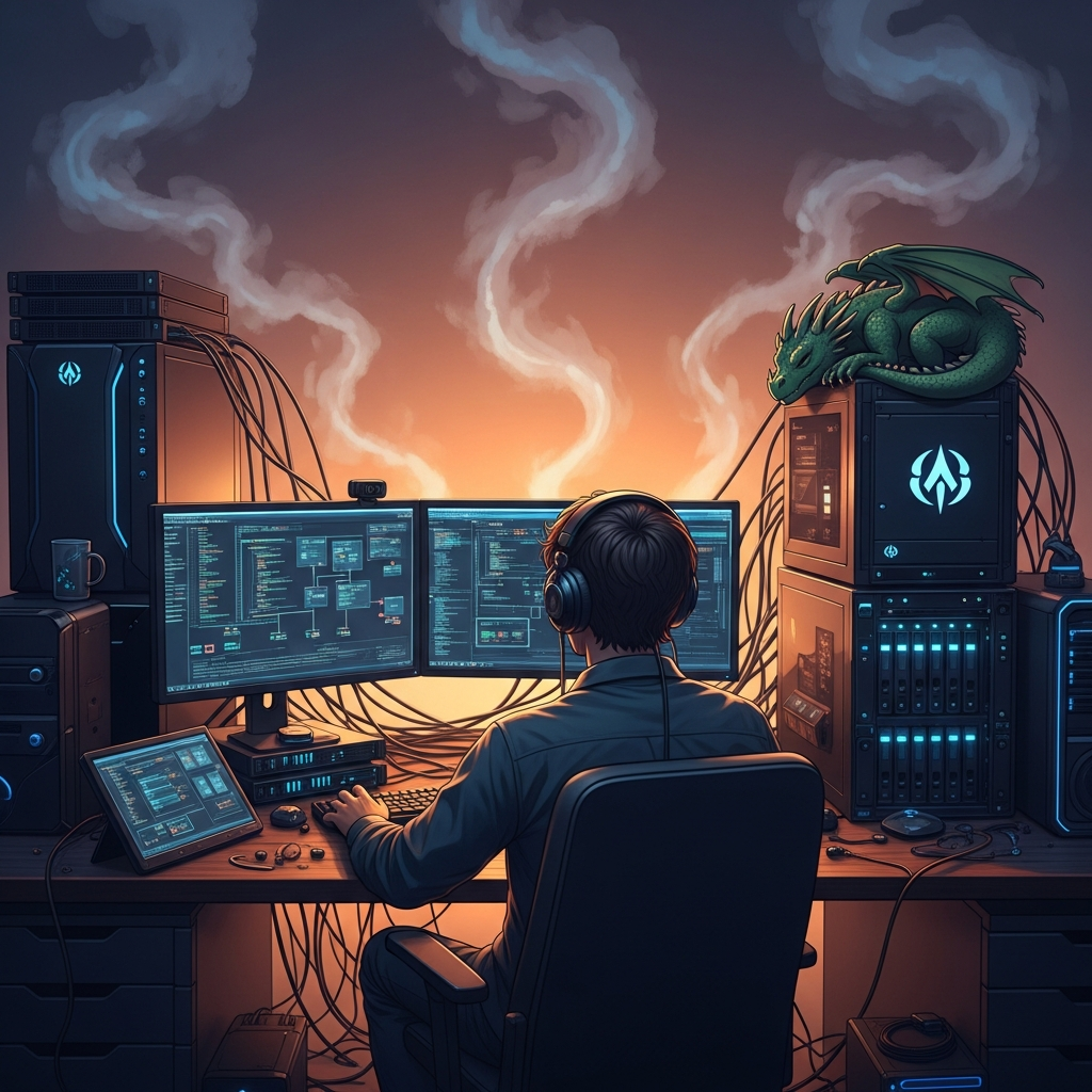 Entwickler an seinem Schreibtisch nach dem langen Kampf, mit einem schlafenden Drachen auf dem Server-Stack dahinter