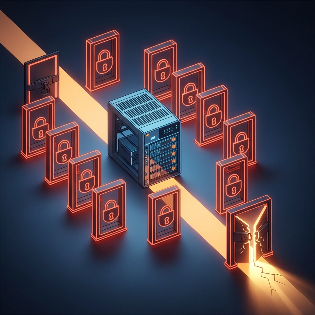 Ein NAS-Server im Zentrum, umgeben von acht gesperrten Toren als Gauntlet, das letzte Tor mit goldenem Licht geöffnet