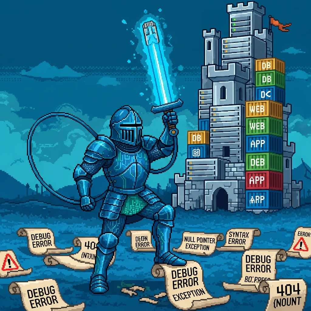 Ein mittelalterlicher Ritter hält ein leuchtendes Ethernet-Kabel wie ein Schwert, steht vor einer Burg aus NAS-Geräten und Docker-Containern, mit besiegten Fehler-Schriftrollen am Boden