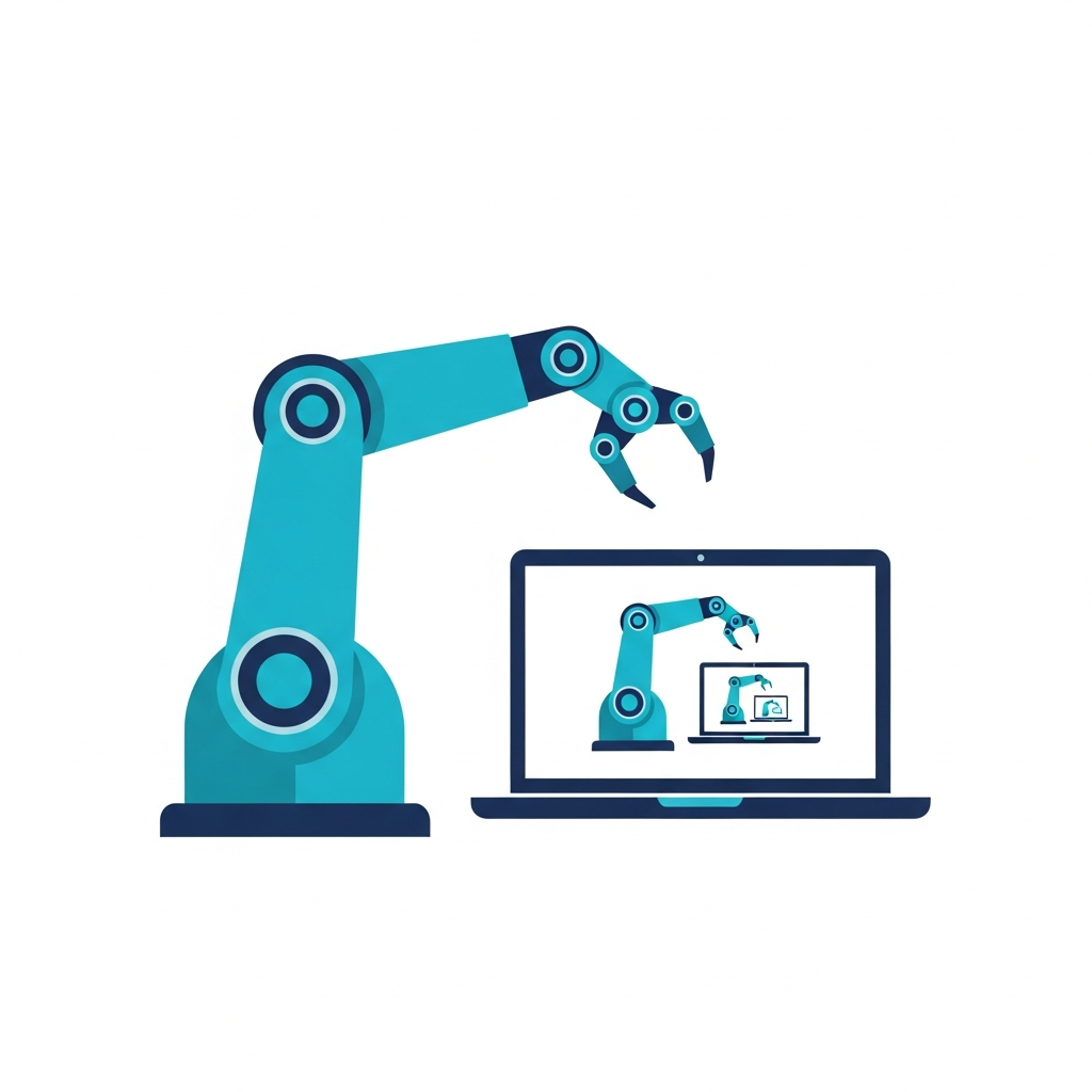 Ein Roboterarm tippt auf einem Laptop, dessen Bildschirm denselben Roboterarm auf einem kleineren Laptop zeigt – eine Rekursion als flache Illustration