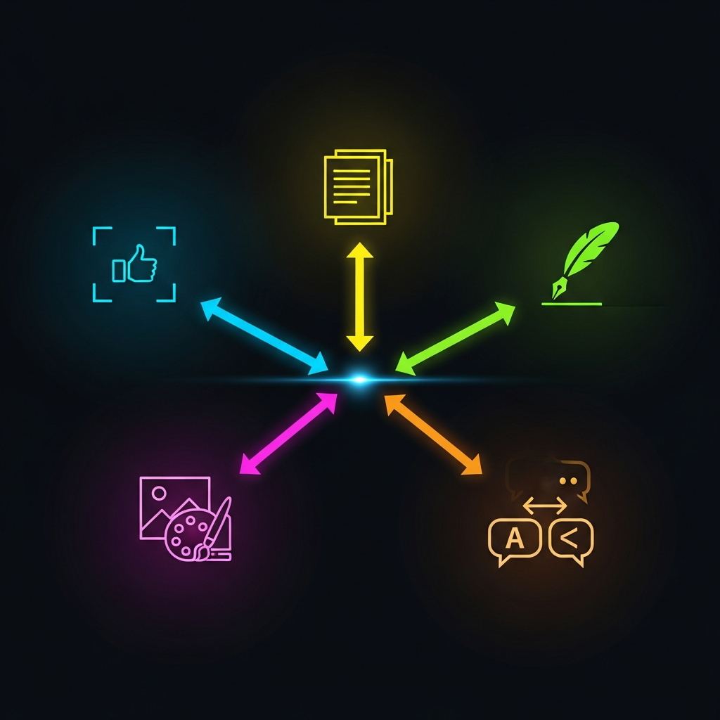 Ein einzelner Terminal-Befehl in der Mitte, von dem Pfeile zu Icons für Dokument, Artikel, Übersetzung, Bild und Social-Media-Post führen