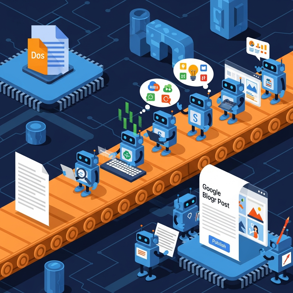 Ein Fließband innerhalb eines Computerchips – ein Google Doc kommt rein, ein fertiger Blogartikel mit Bild kommt raus, kleine Roboter-Agenten erledigen jeden Schritt